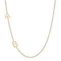 14k gold two-letter initial necklace with personalized sideways pendant on white background