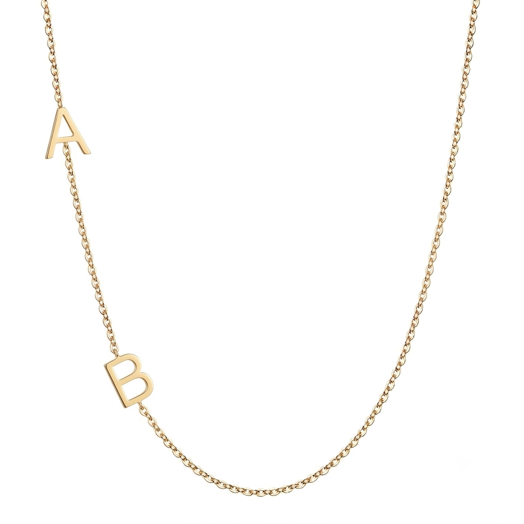 14k gold two-letter initial necklace with personalized sideways pendant on white background