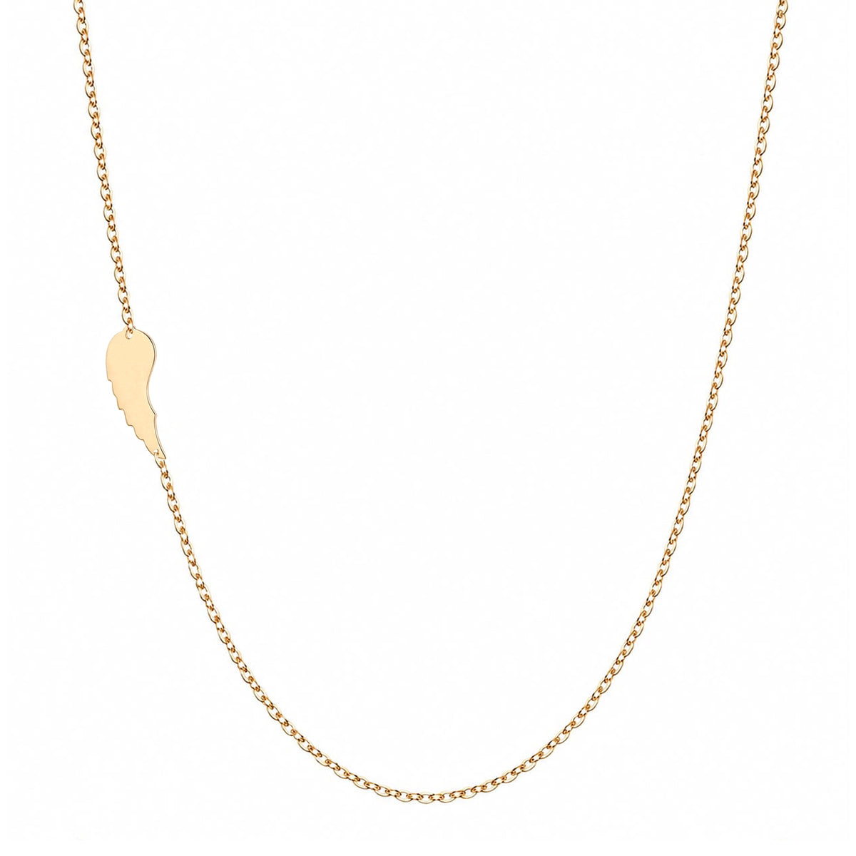 Solid 14K gold angel wing necklace with an asymmetrical wing charm on a white background