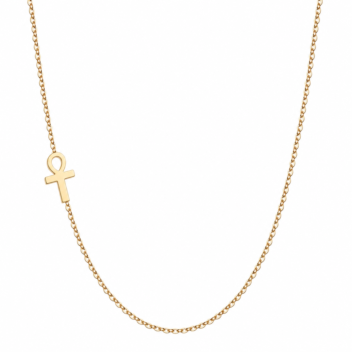 Solid 14K gold Ankh necklace with an asymmetrical pendant on a white background