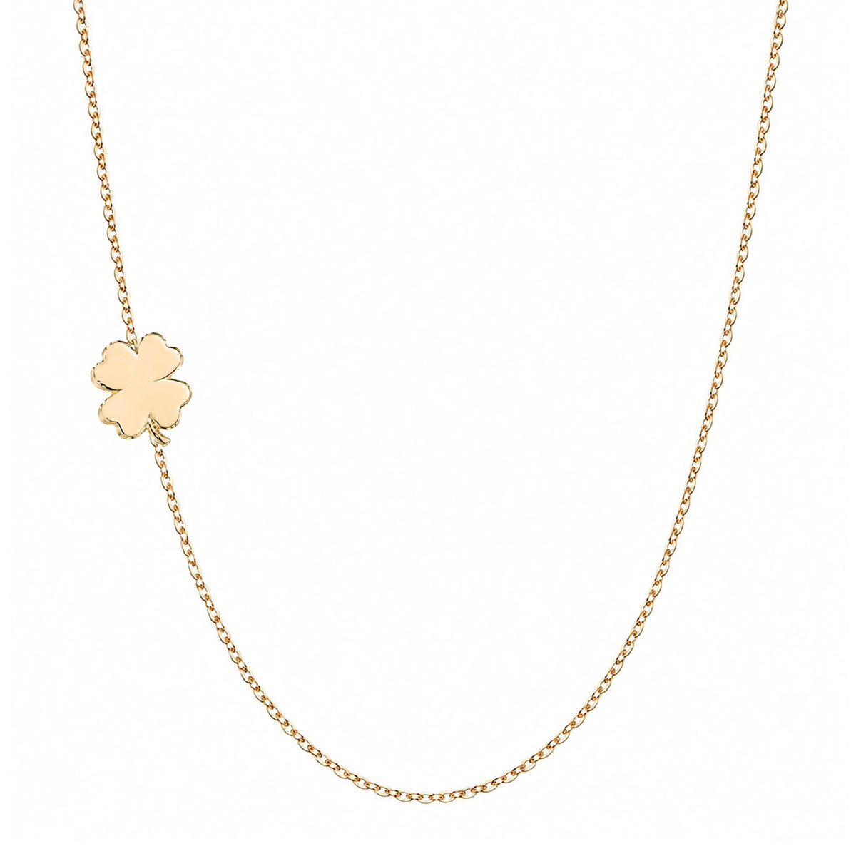 Solid 14K gold clover necklace with an asymmetrical clover charm on a white background