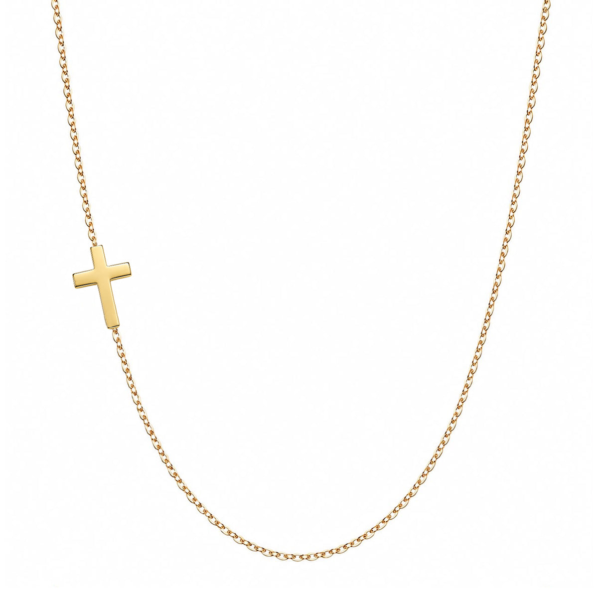 Solid 14K gold asymmetrical cross necklace on a white background