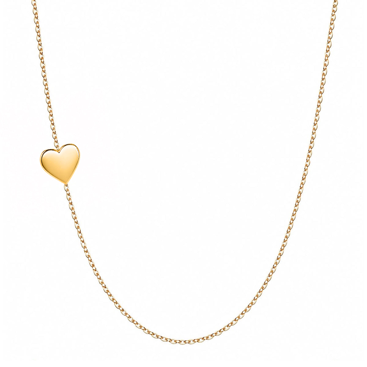 Solid 14K gold heart necklace with an asymmetrical heart charm on a white background