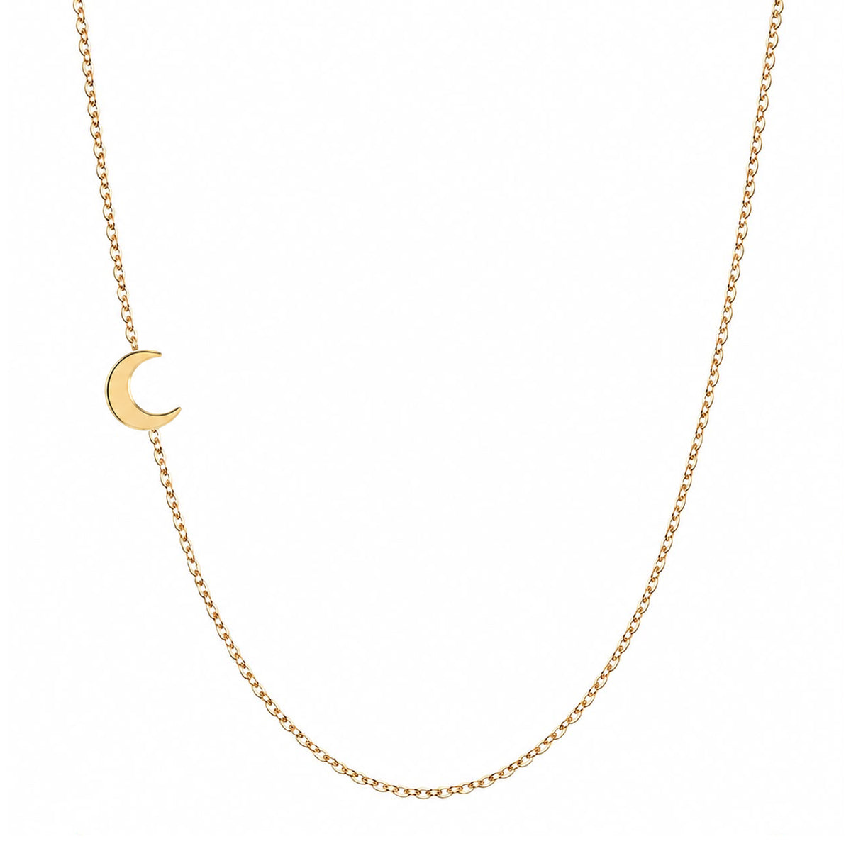 Solid 14K gold asymmetrical moon necklace on a white background