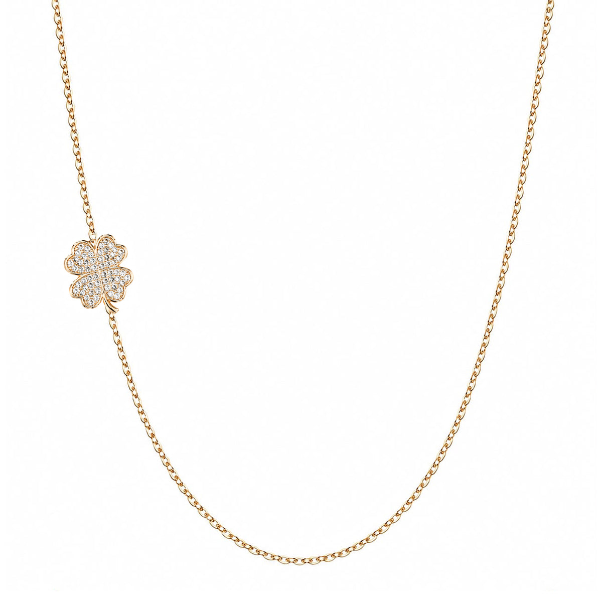 Solid 14K gold pavé diamond clover necklace on a white background