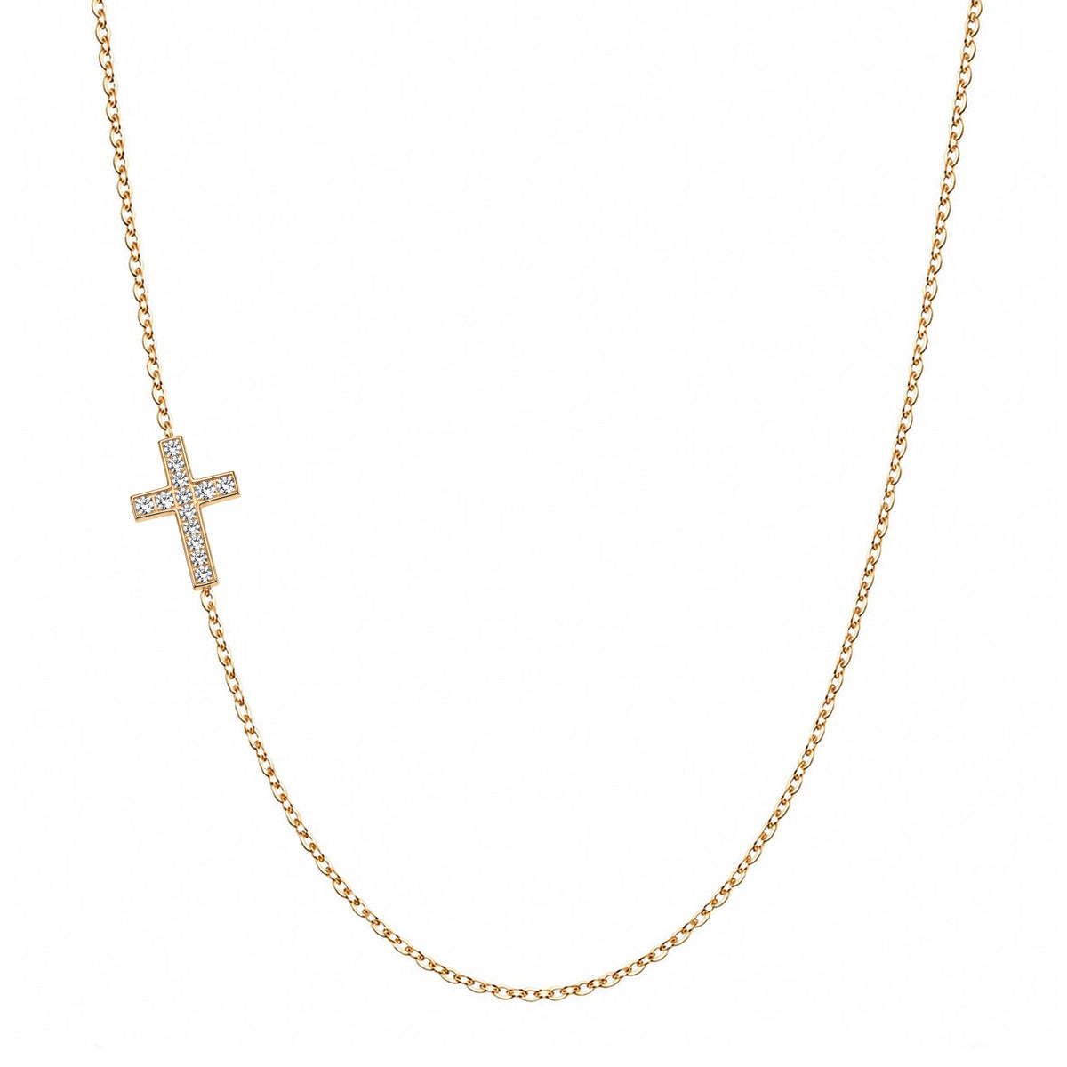 Solid 14K gold pavé diamond cross necklace on a white background