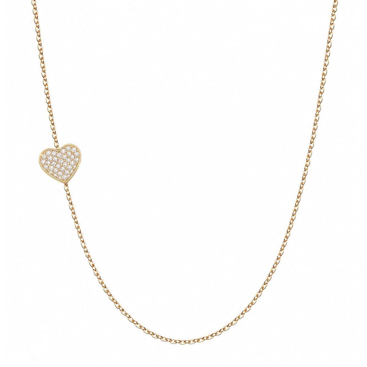 Solid 14K gold pavé diamond heart necklace on a white background