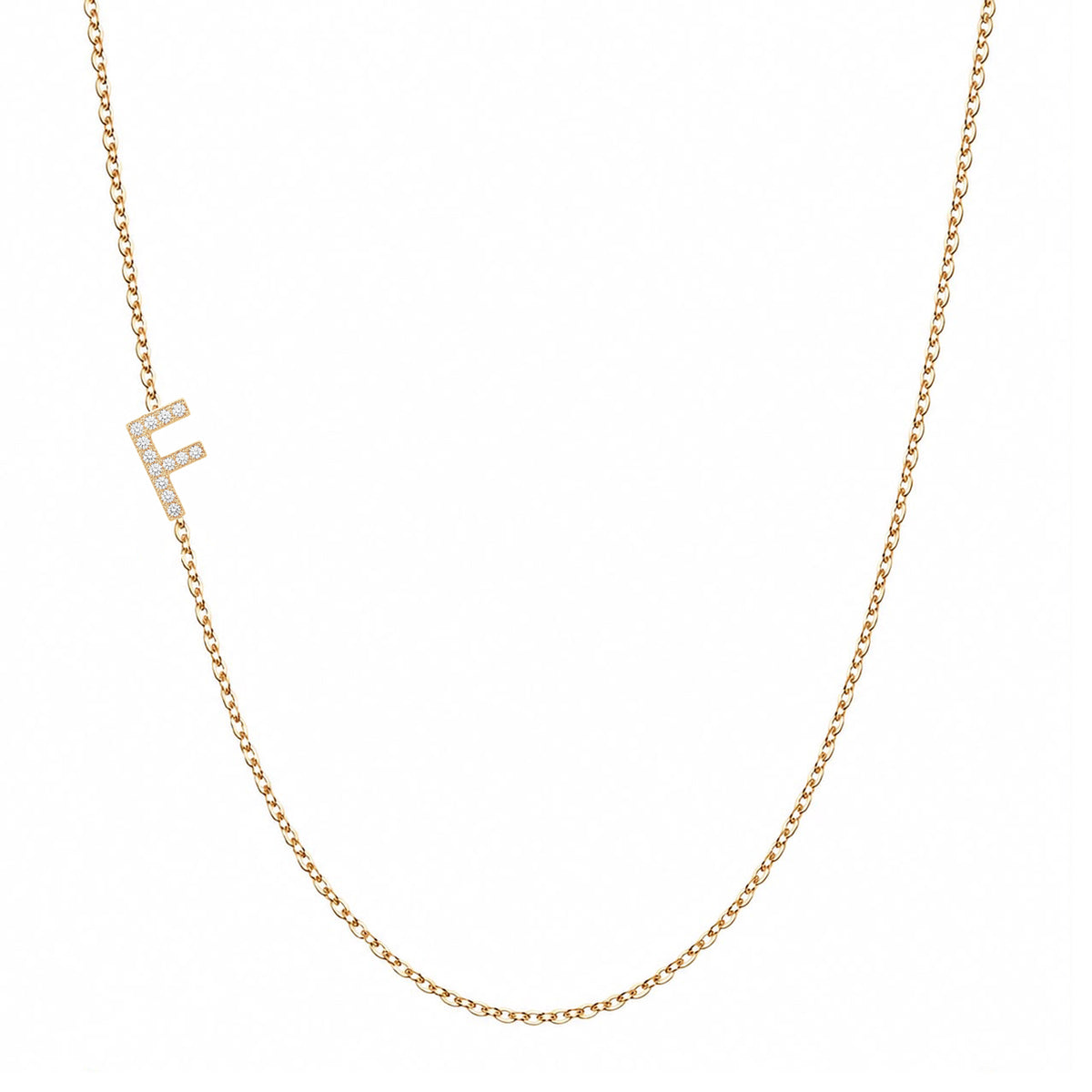 Solid 14K gold pavé diamond Letter F necklace on a white background