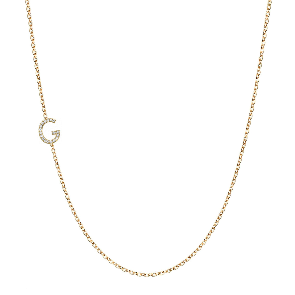 Solid 14K gold pavé diamond Letter G necklace on a white background