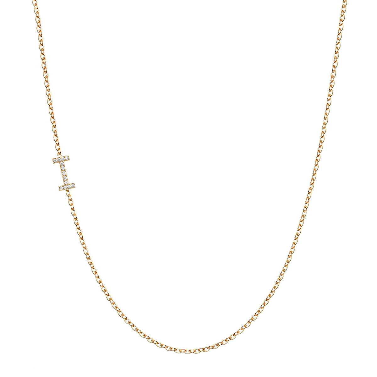 Solid 14K gold pavé diamond Letter I necklace on a white background