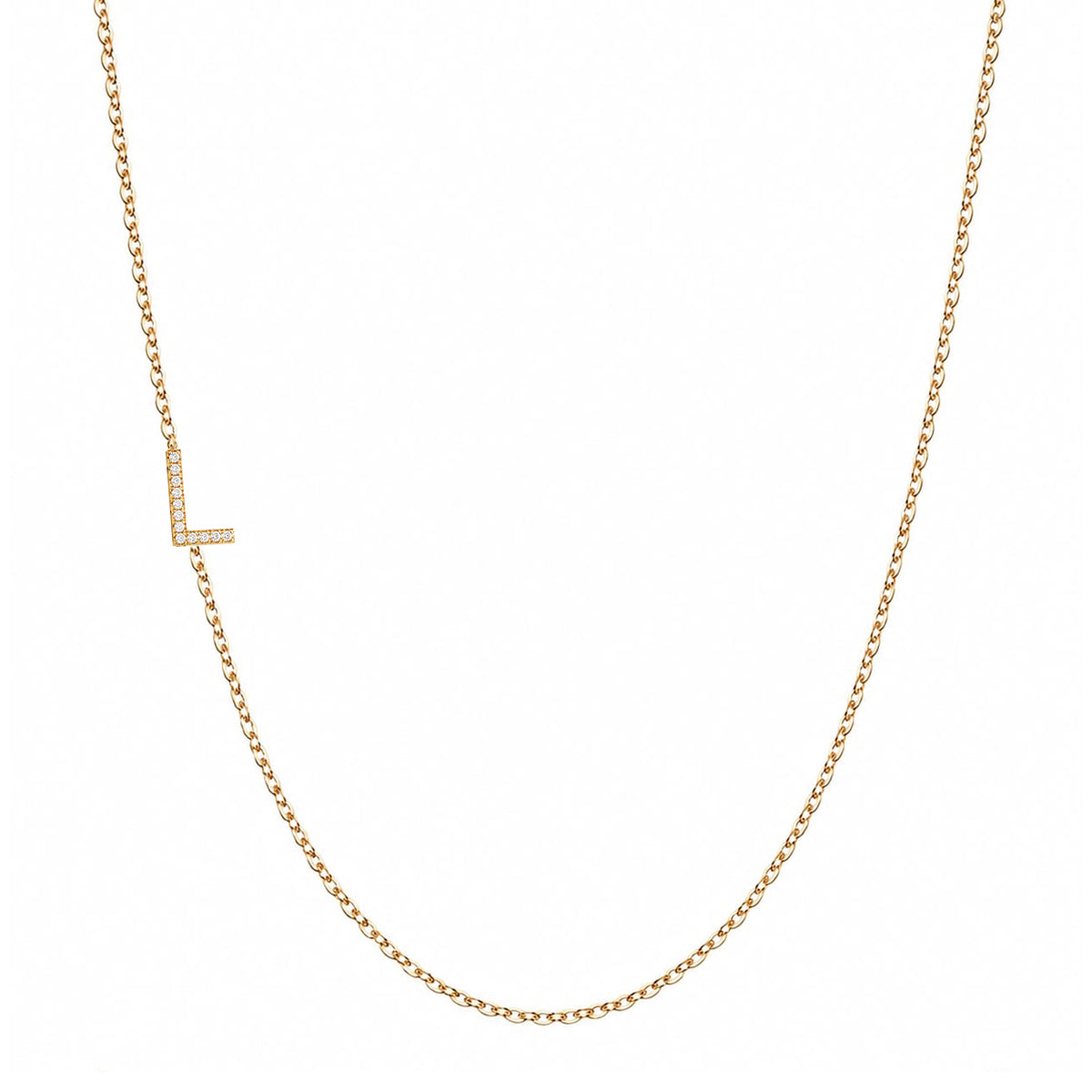 Solid 14K gold pave diamond Letter L necklace on a white background
