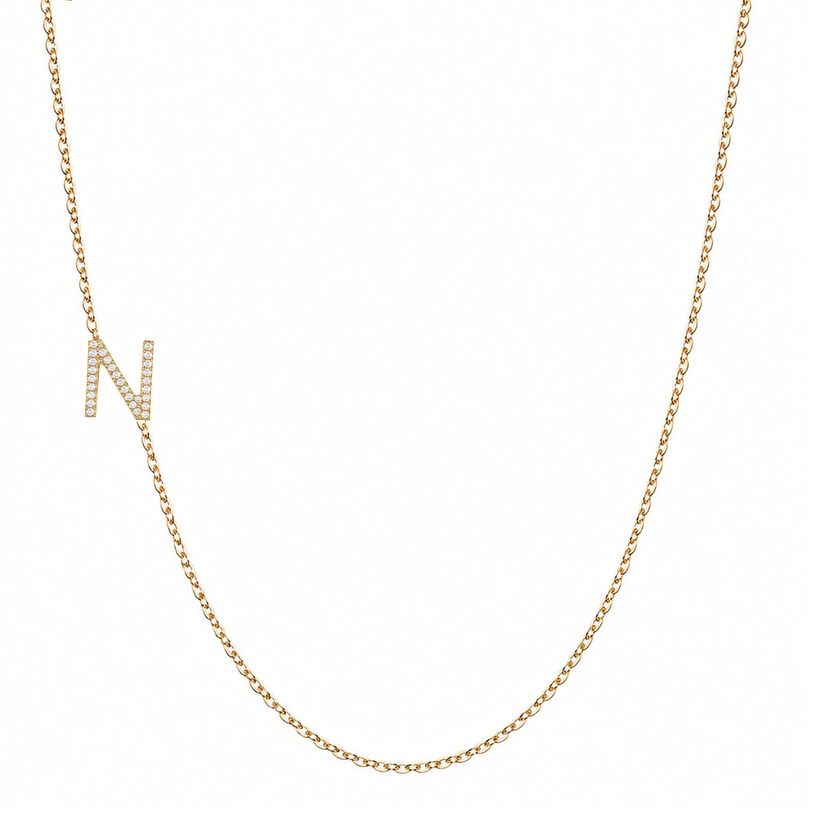 Solid 14K gold pave diamond Letter N necklace on a white background