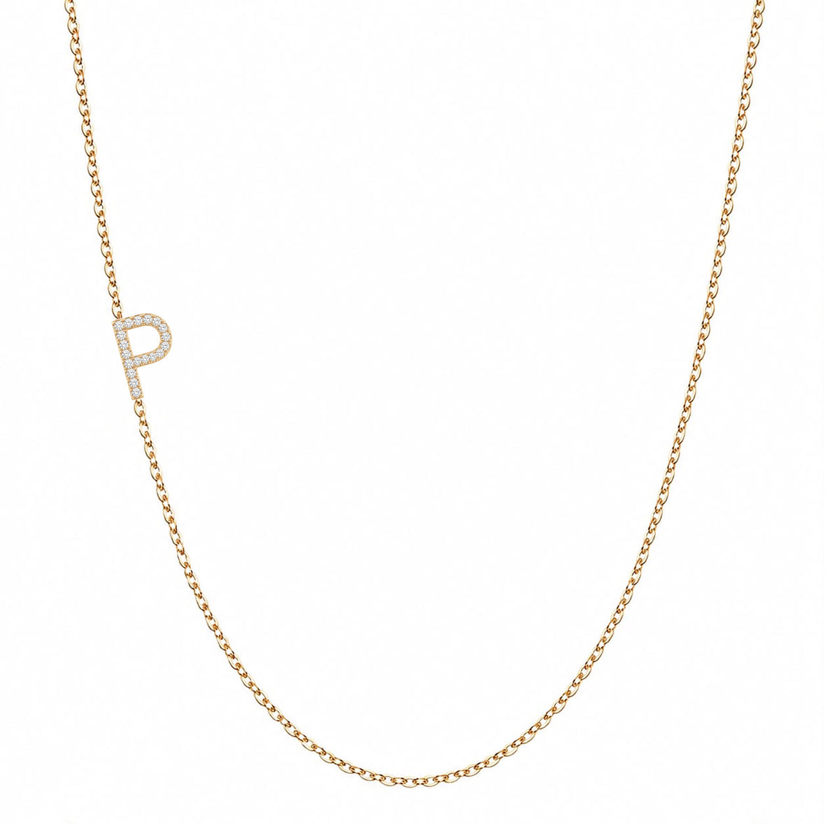 Solid 14K gold pave diamond Letter P necklace on a white background