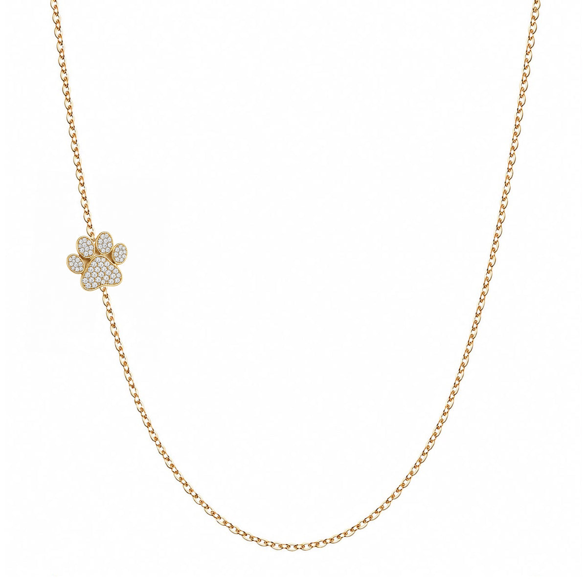 Solid 14K gold pavé diamond paw necklace on a white background