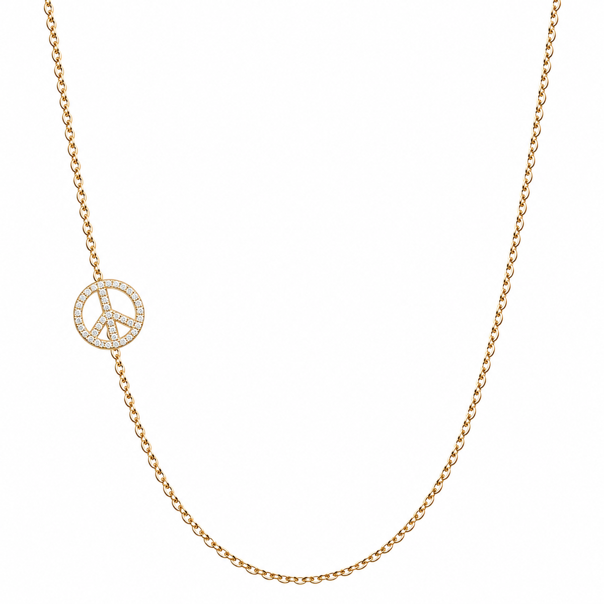 Solid 14K gold pavé diamond peace necklace on a white background