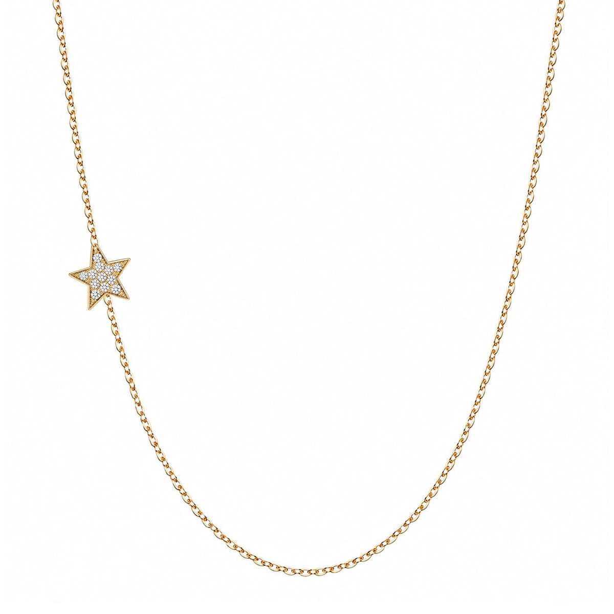 Solid 14K gold pavé diamond star necklace on a white background