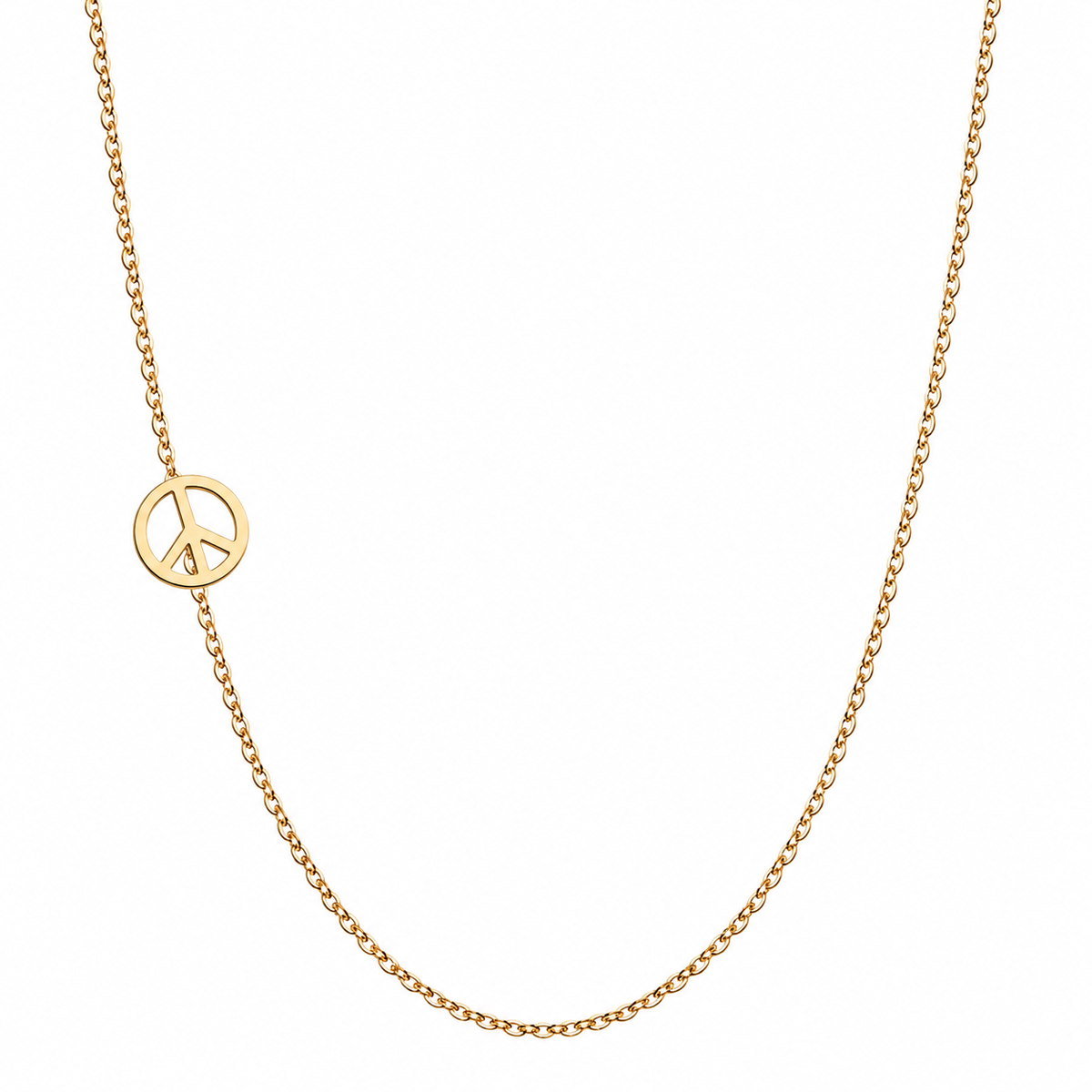 Solid 14K gold peace necklace with an asymmetrical peace symbol on a white background