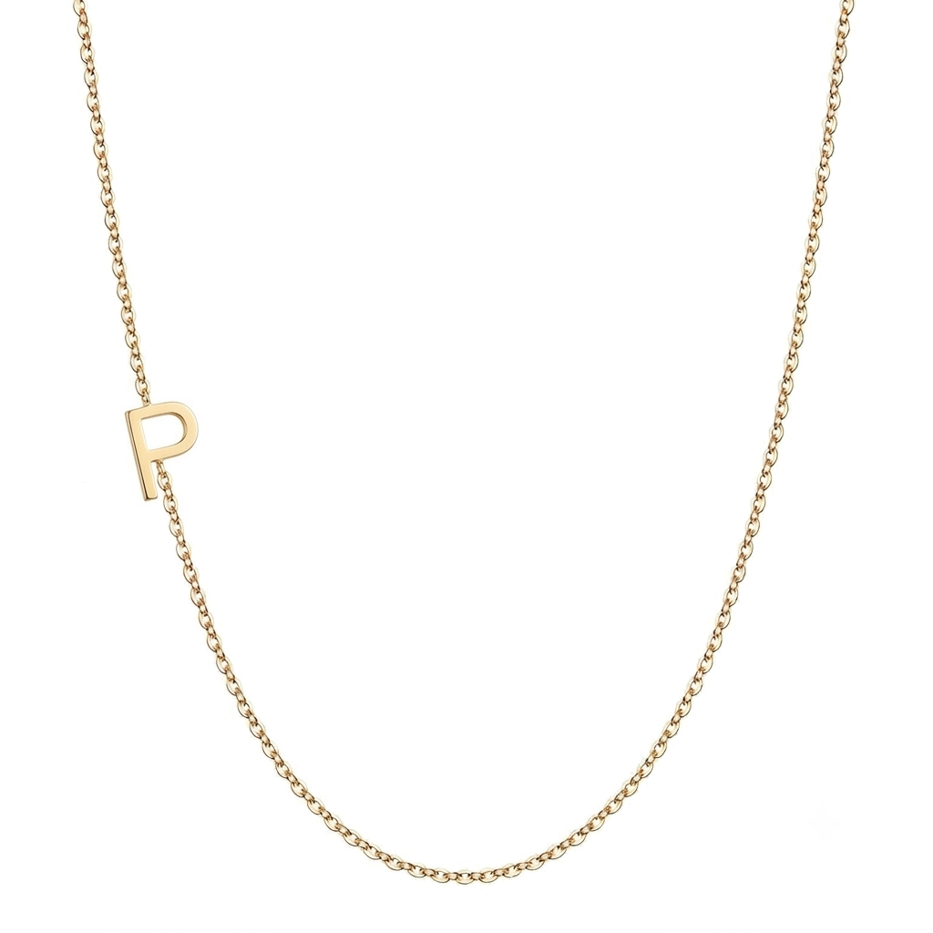 14k gold sideways initial necklace with letter P pendant on white background