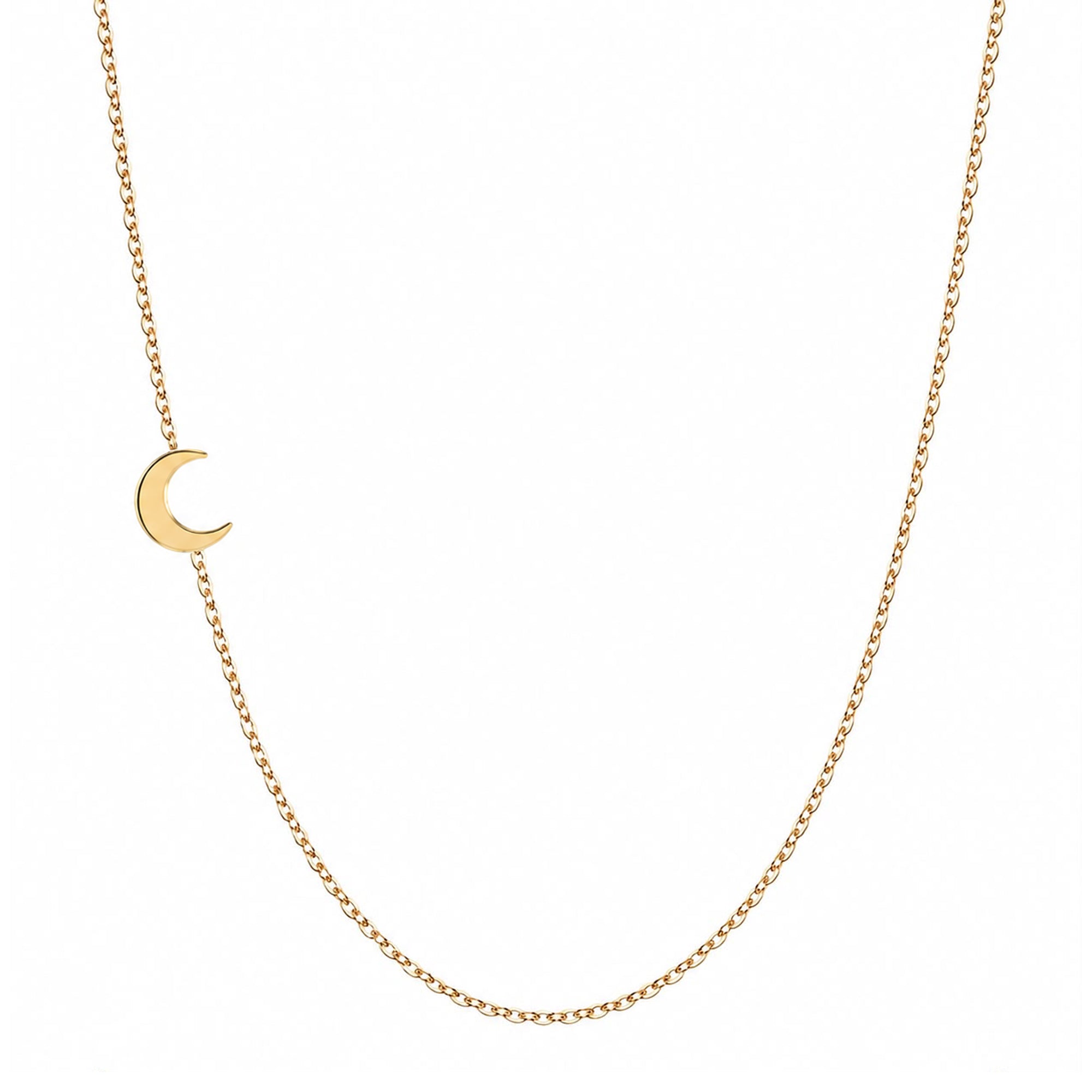 14k gold sideways moon necklace on white background
