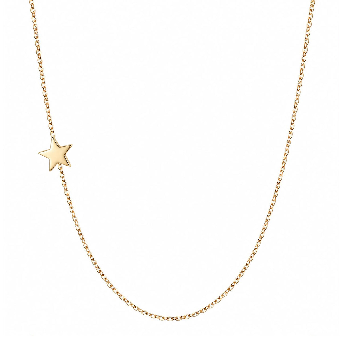 Solid 14K gold asymmetrical star necklace on a white background