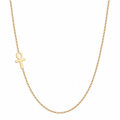 A delicate gold chain necklace featuring a small gold ankh symbol pendant, displayed against a solid white background.