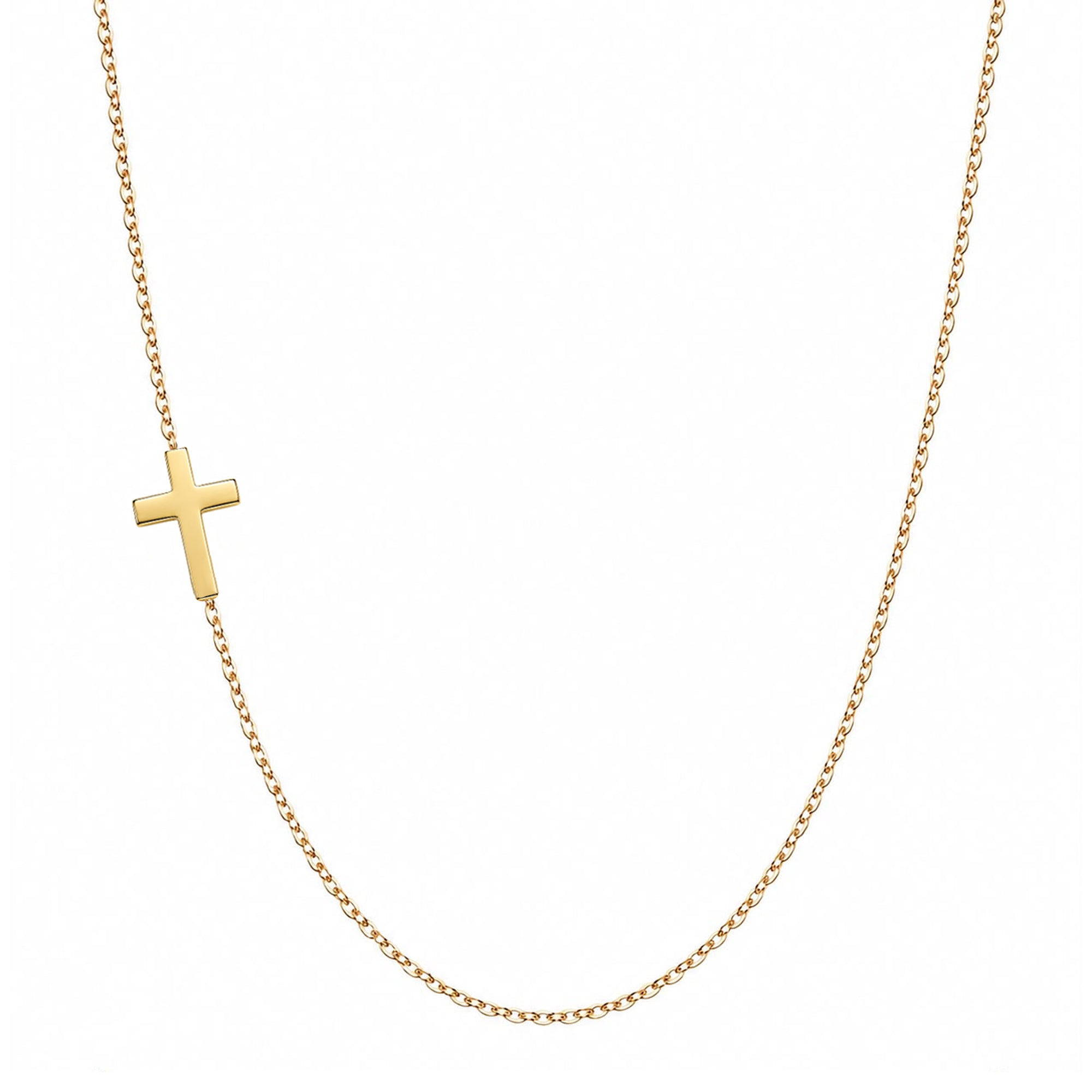 A delicate gold chain necklace featuring a small, polished gold cross pendant, displayed against a solid white background.