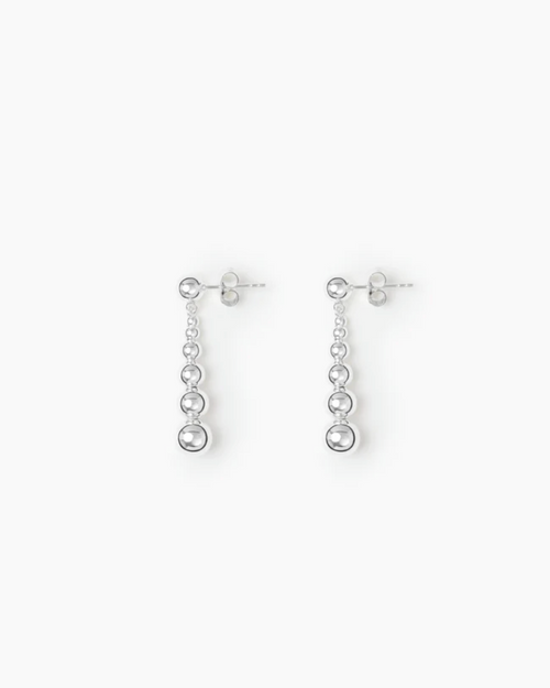 Pair of silver drop earrings on a white background