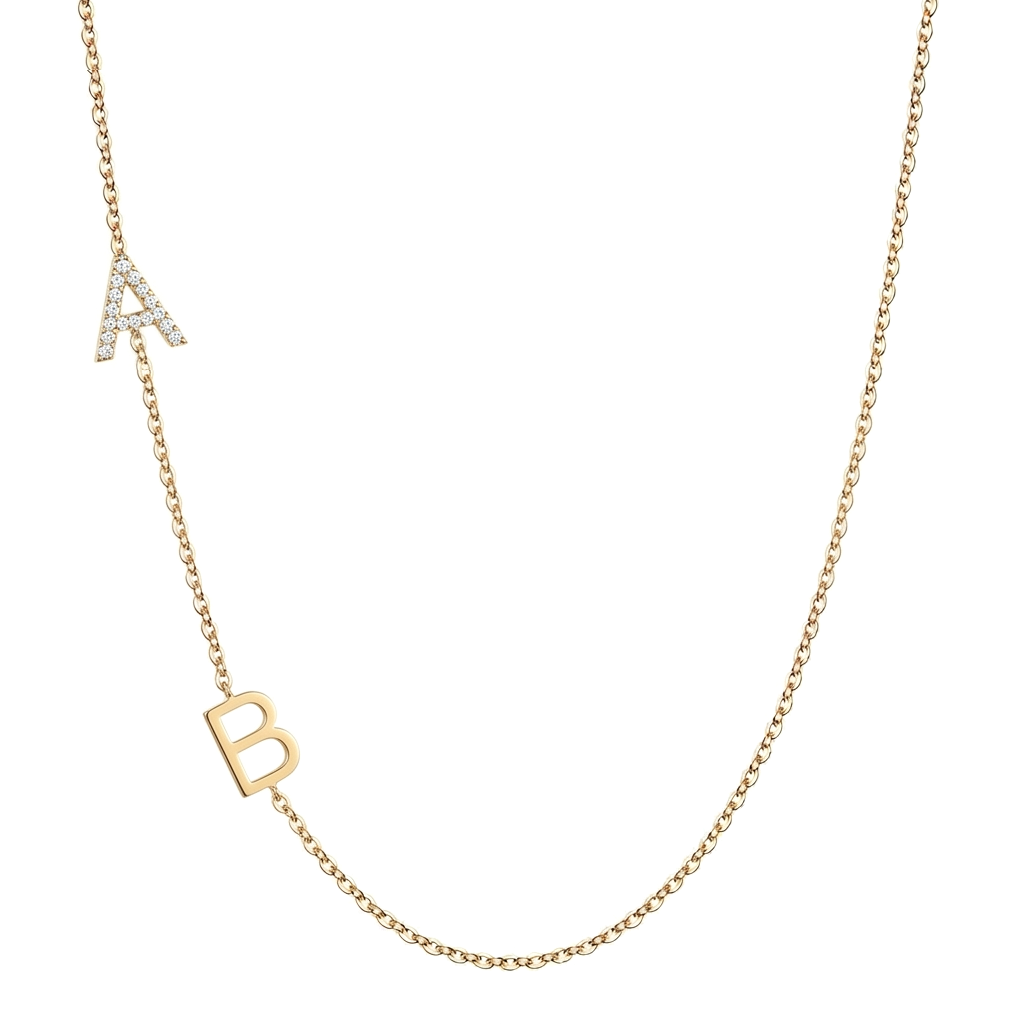 14k gold two-letter initial necklace with one pave diamond charm on white background