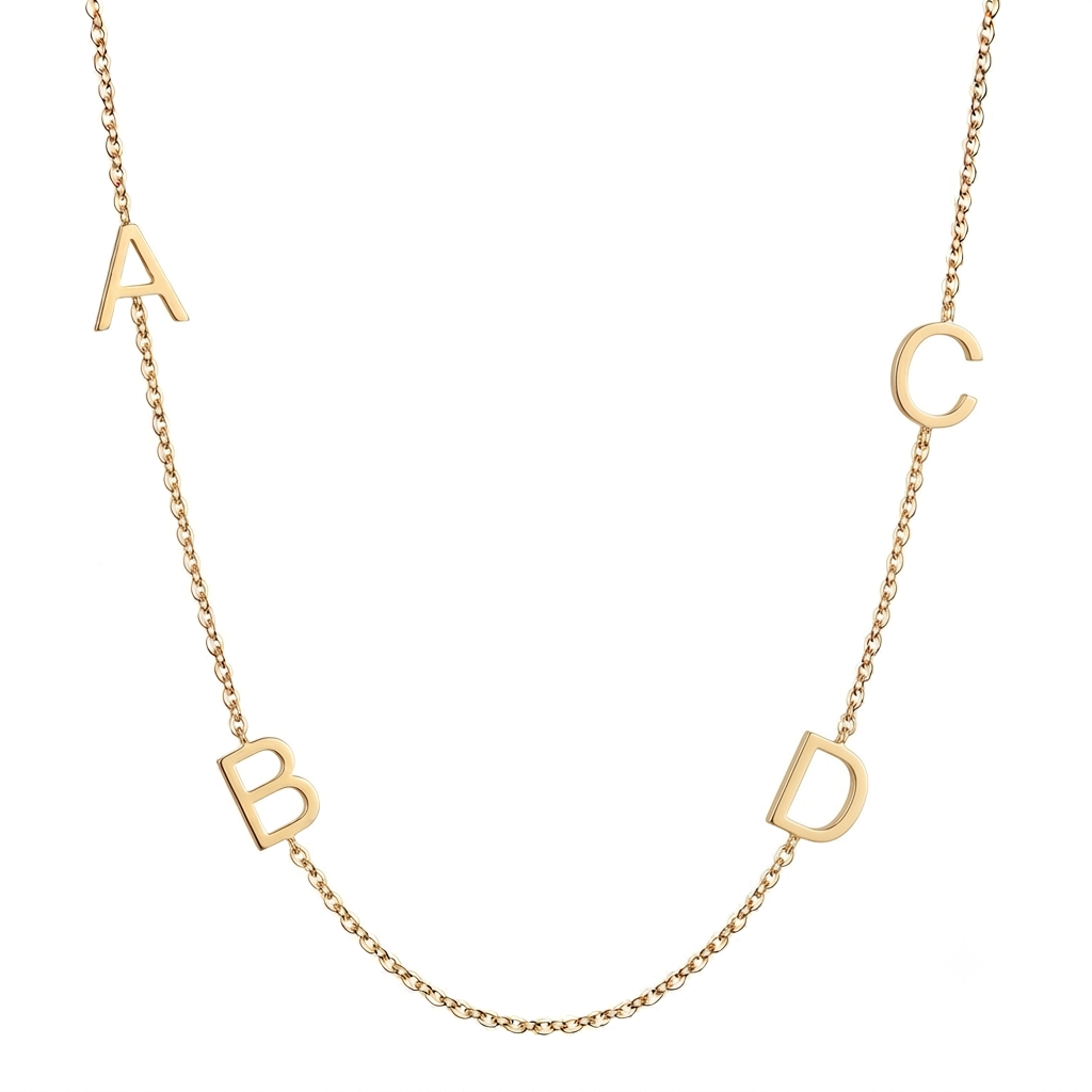 14k gold four-letter initial necklace with personalized sideways charms on white background