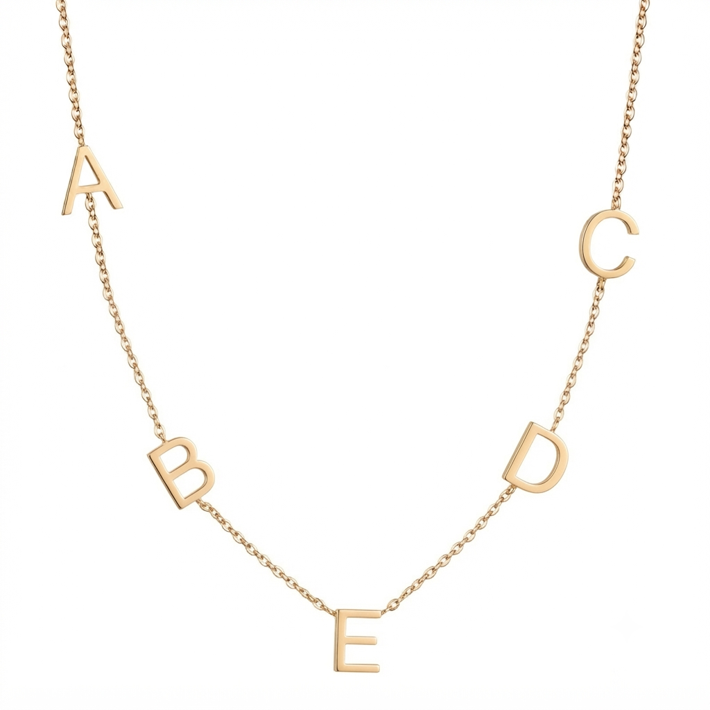 14k gold five-letter initial necklace with personalized sideways charms on white background
