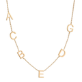 14k gold six-letter initial necklace with personalized sideways charms on white background