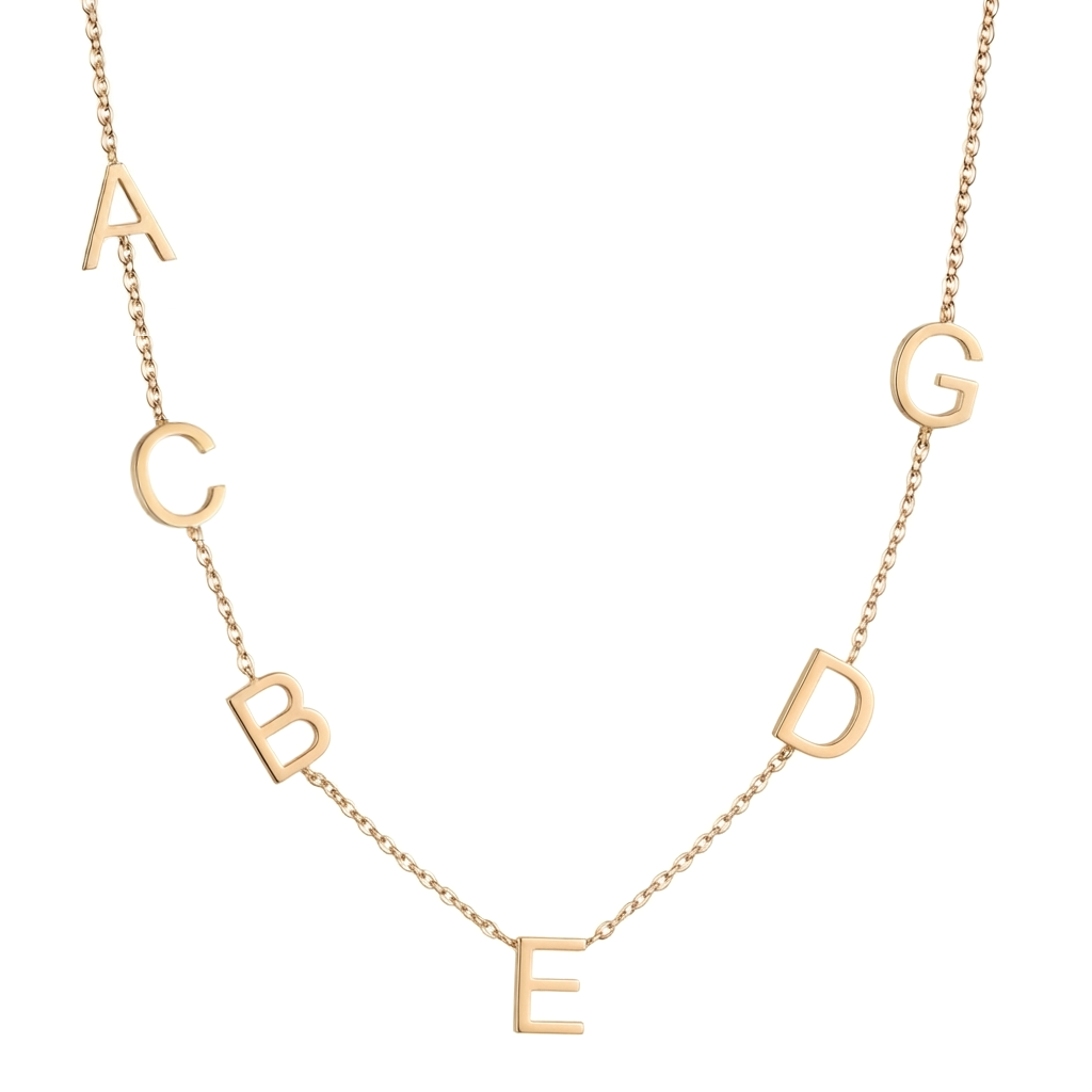 14k gold six-letter initial necklace with personalized sideways charms on white background