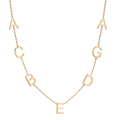 14k gold seven-letter initial necklace with personalized charms on white background