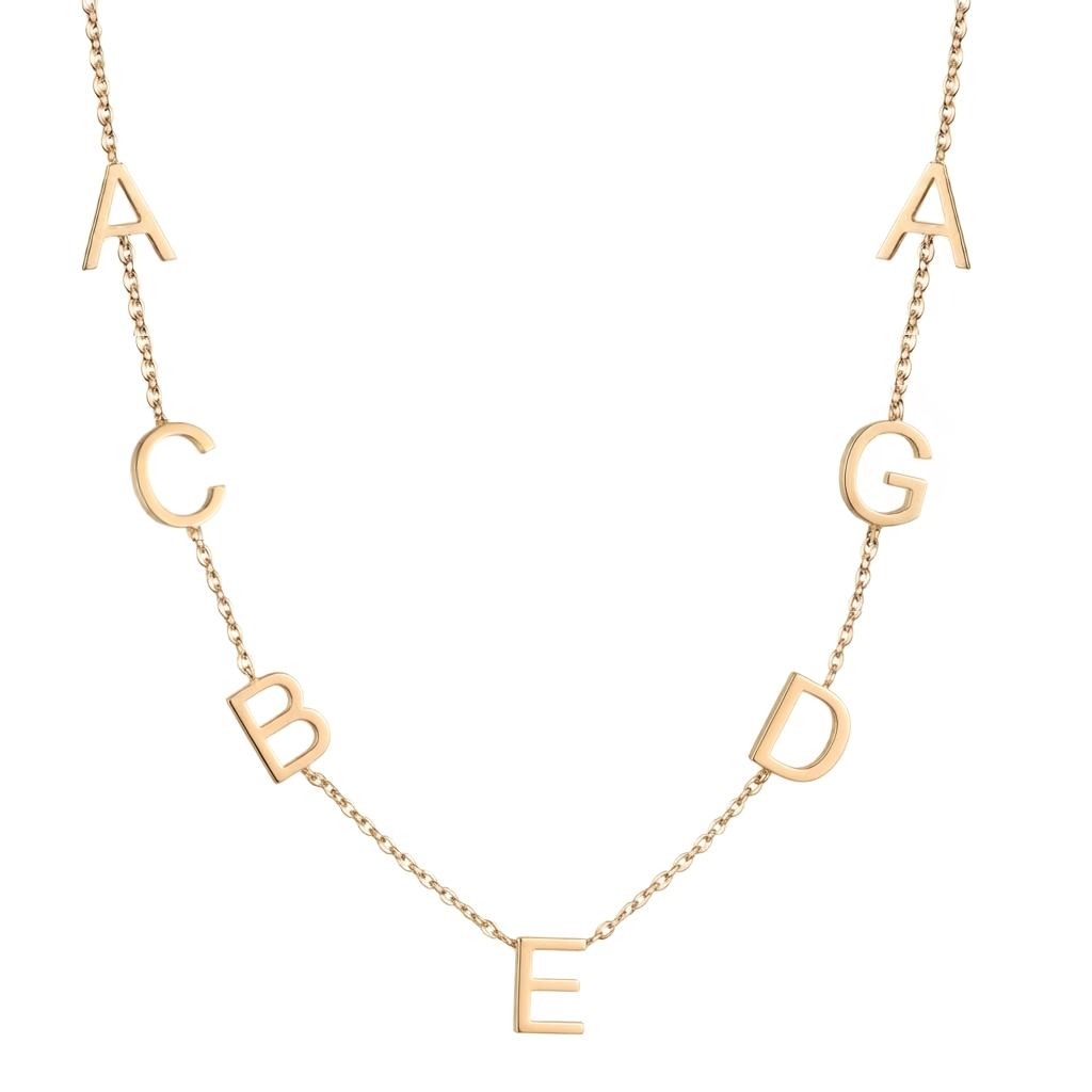 14k gold seven-letter initial necklace with personalized charms on white background