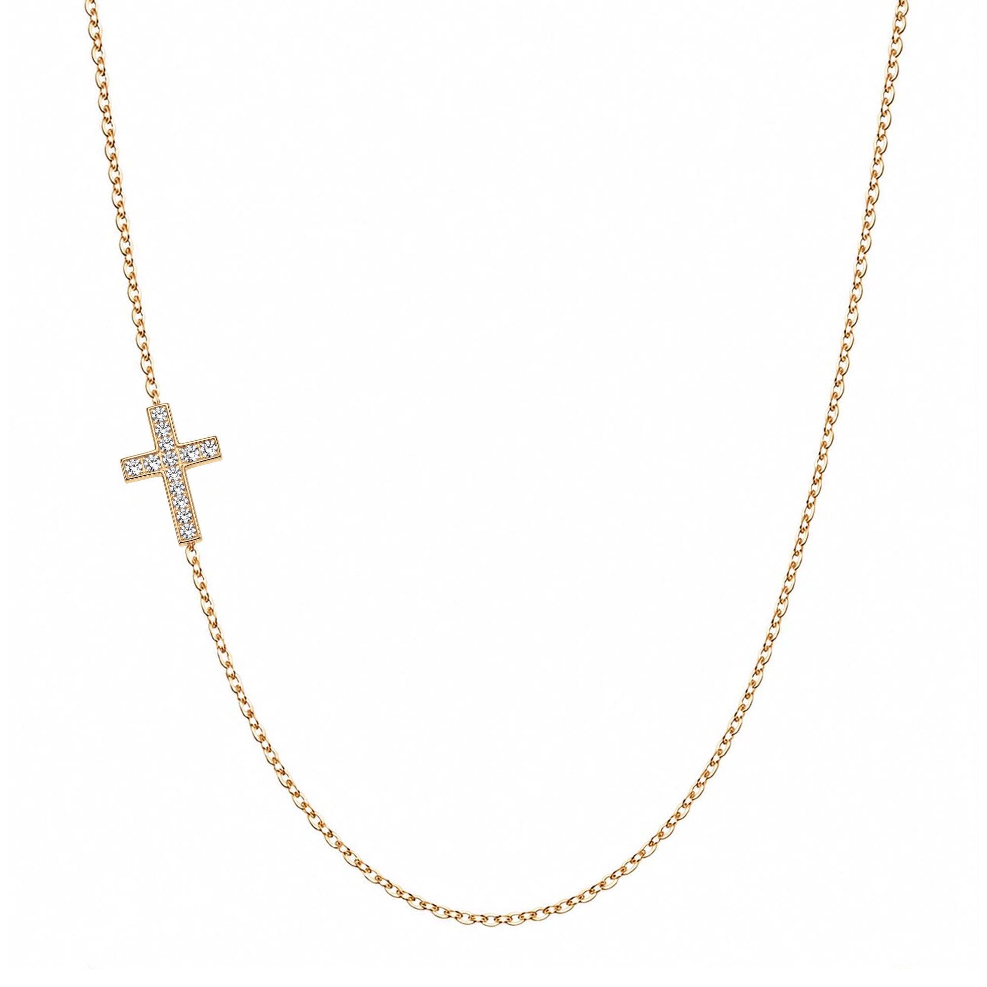 14k gold cross pave diamond necklace on white background