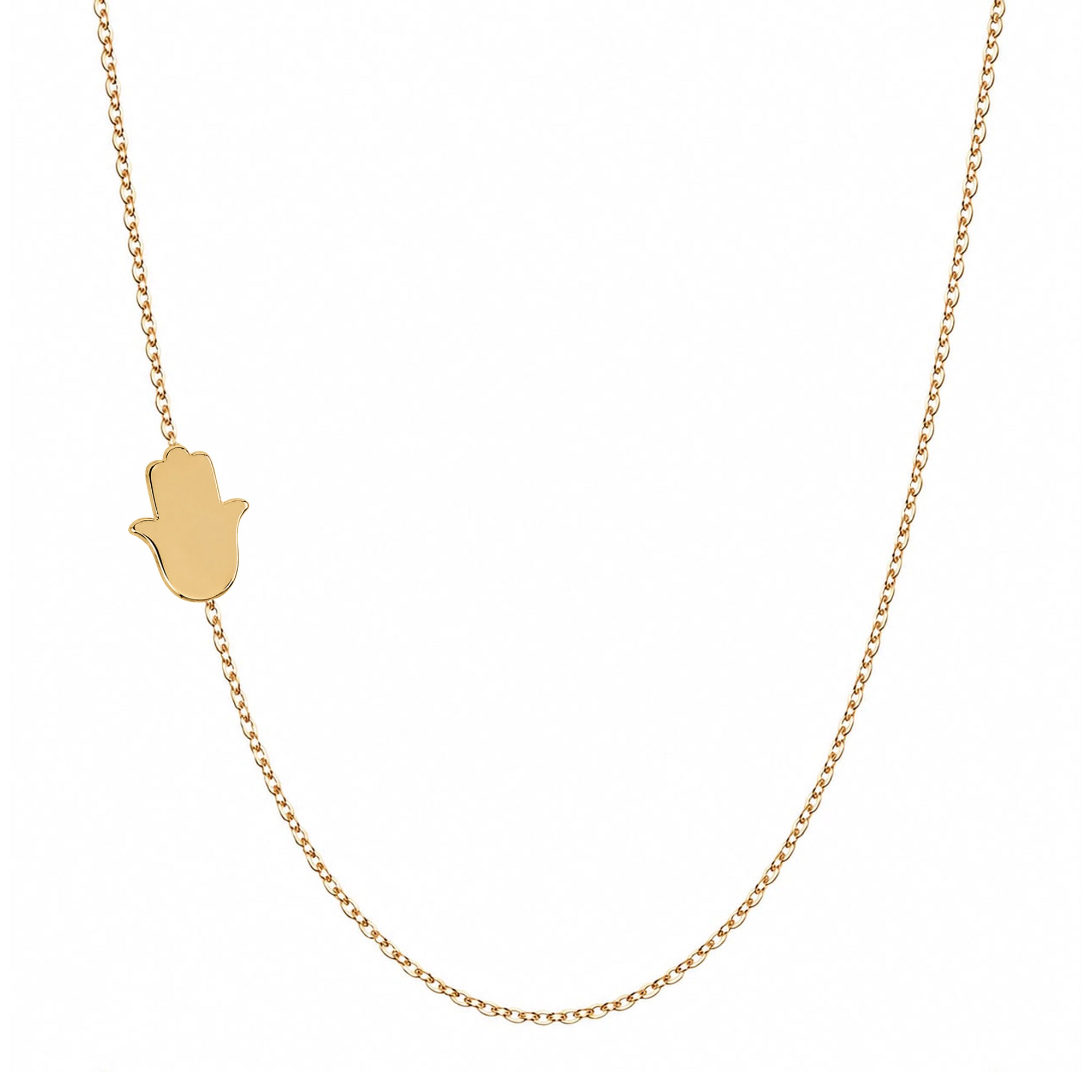 14k gold hamsa necklace on white background