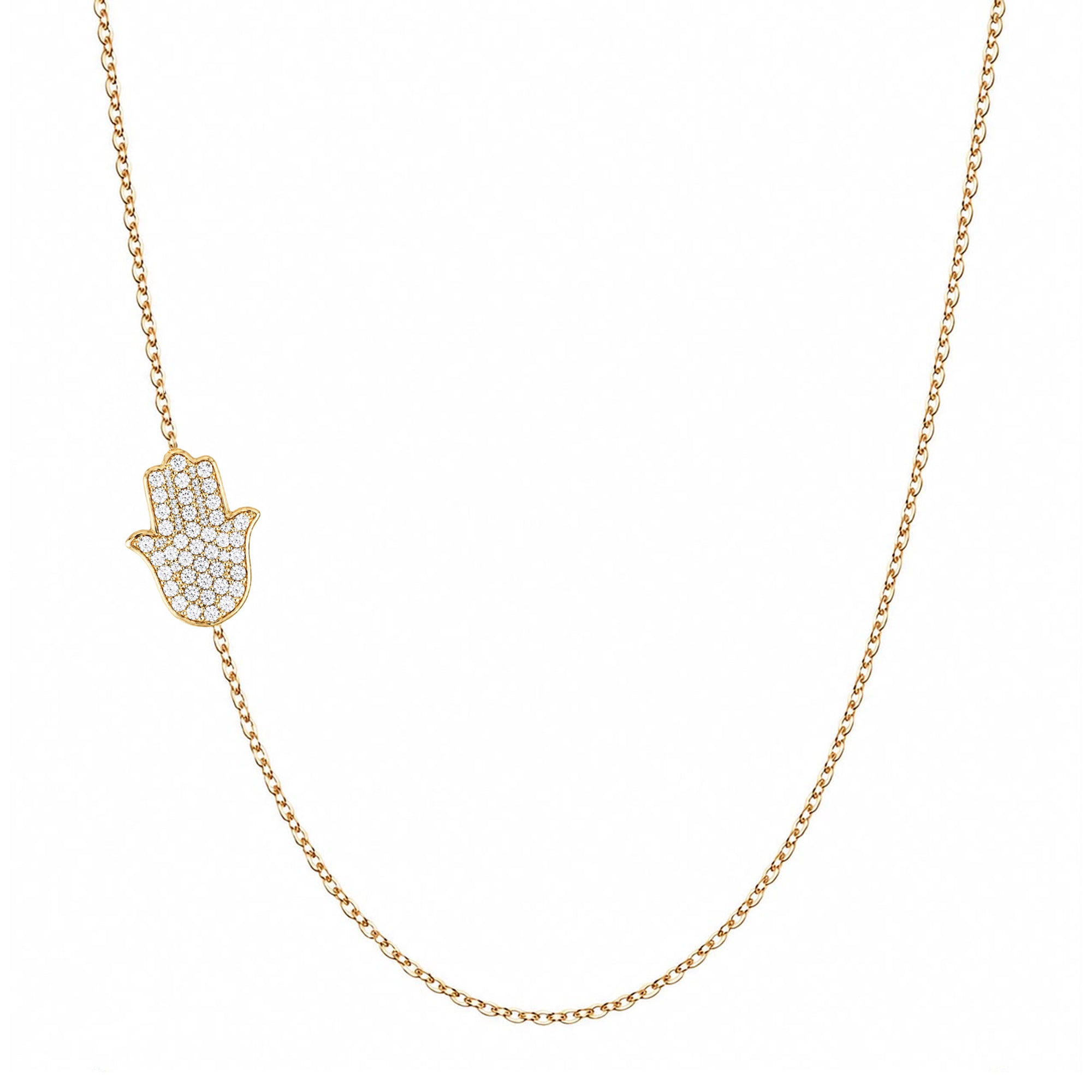 14k gold hamsa pave diamond necklace on white background