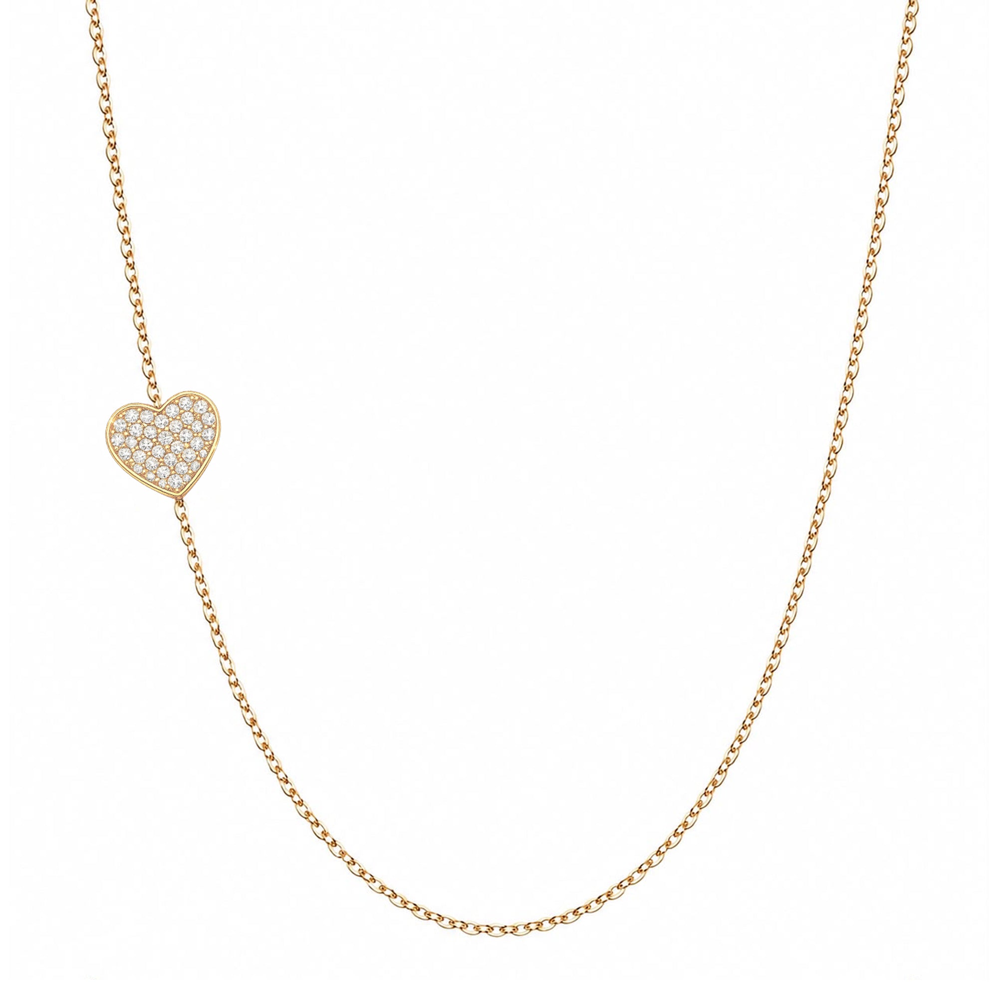 14k gold heart pave diamond necklace on white background