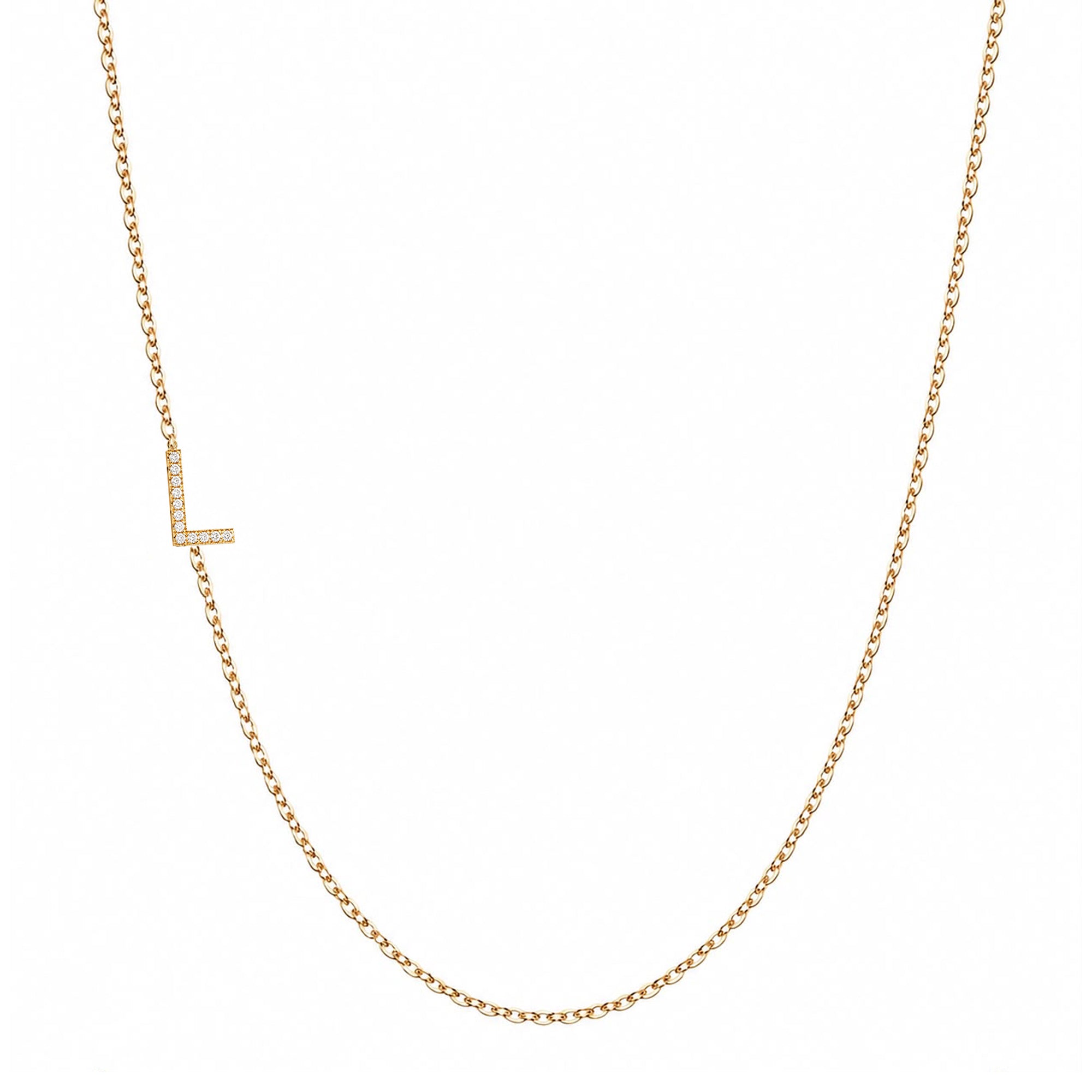 14k gold initial necklace with letter L pave diamond pendant on white background