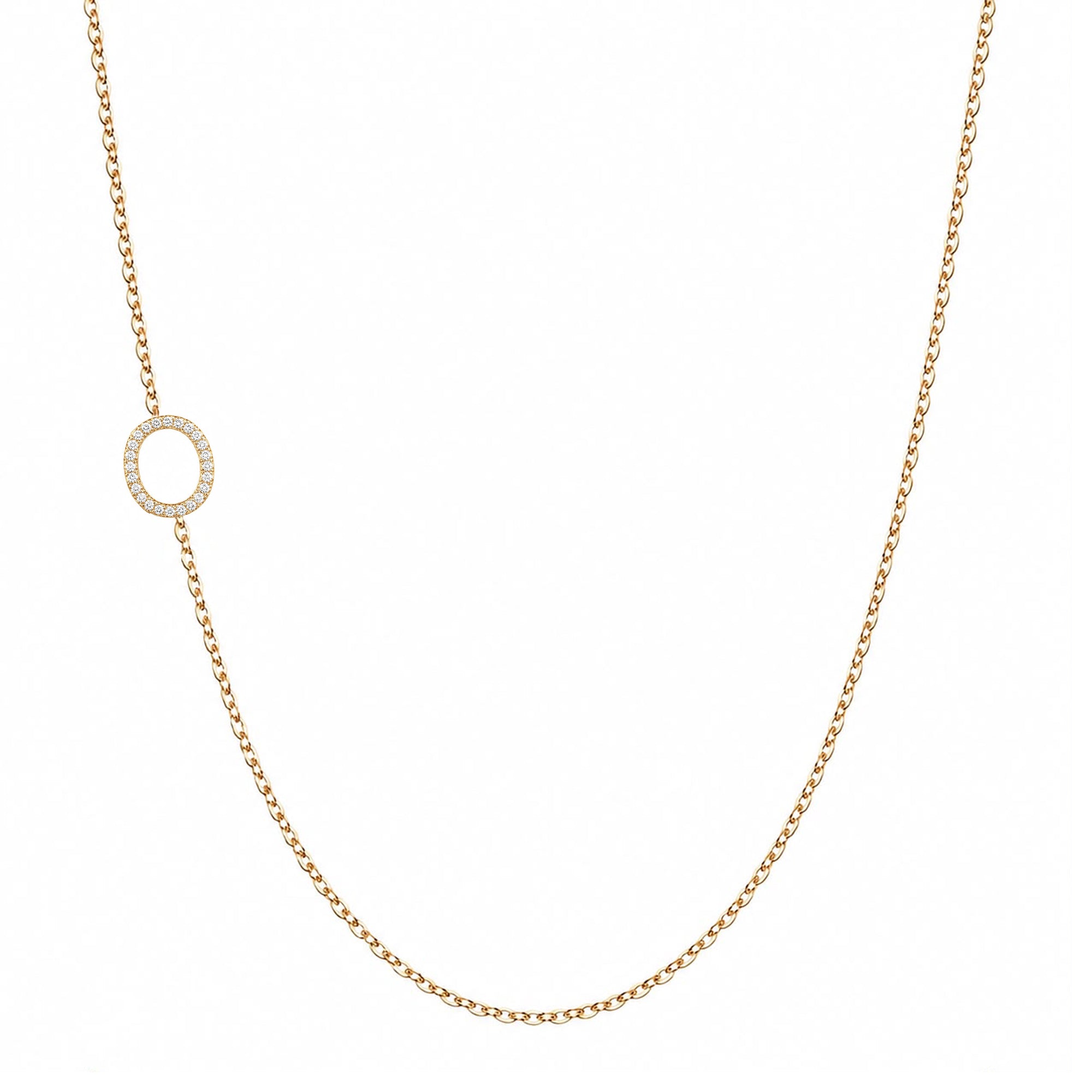 14k gold initial necklace with letter O pave diamond pendant on white background