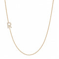 14k gold initial necklace with letter R pave diamond pendant on white background