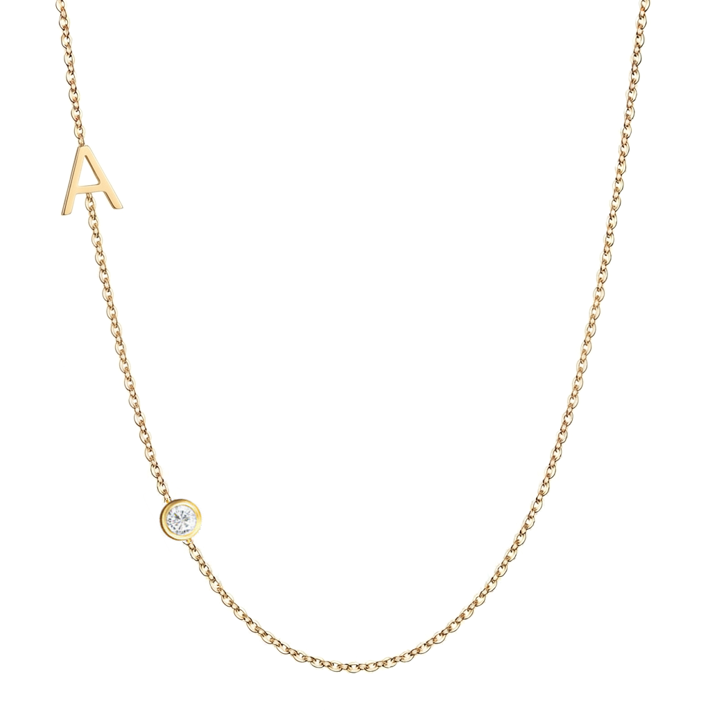 14k gold monogram necklace with solitaire diamond on white background