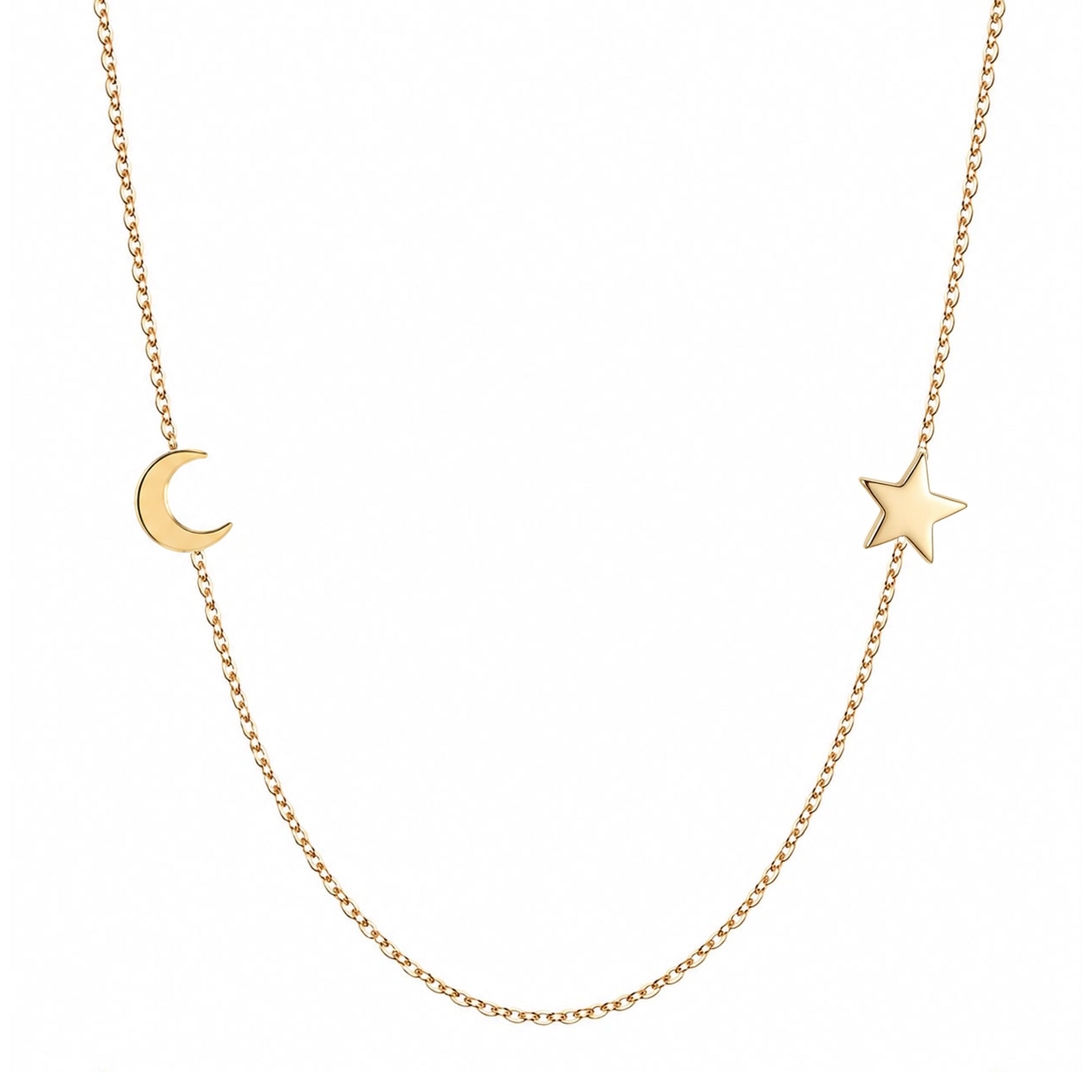 14k gold moon and star necklace on white background
