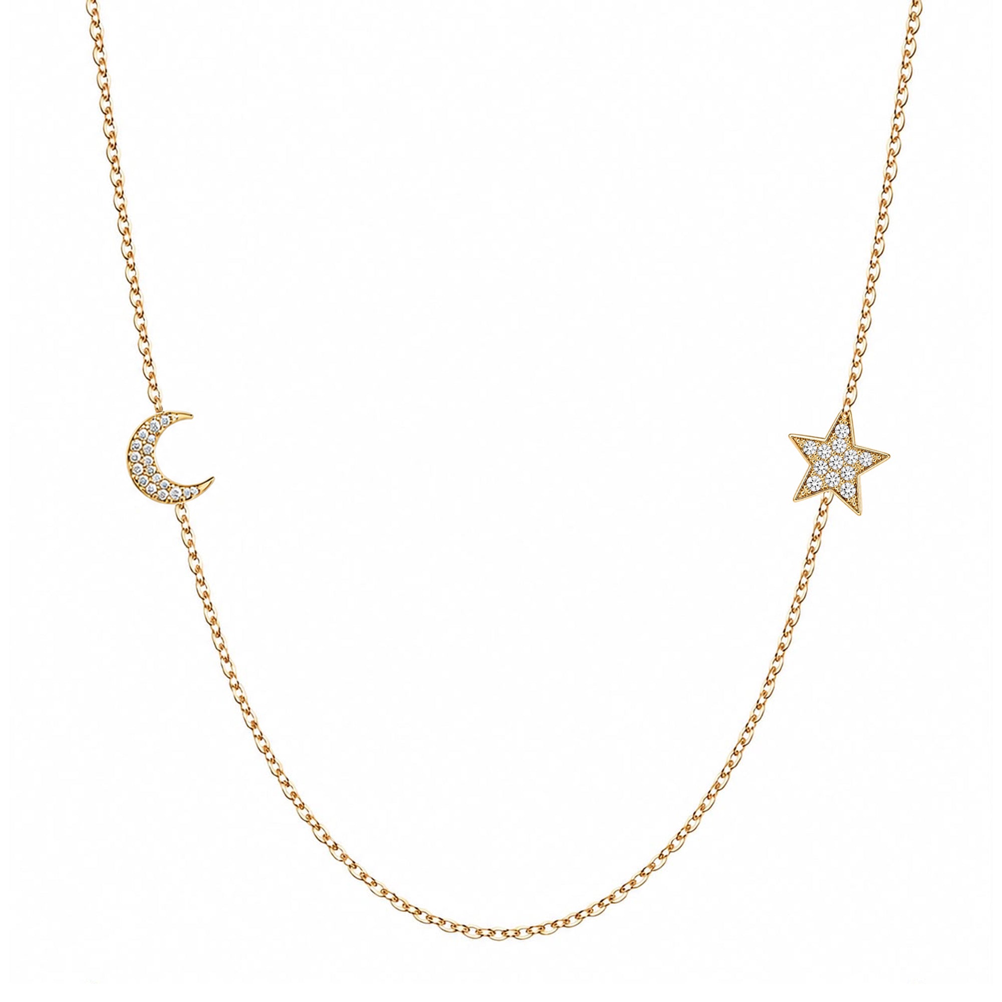 14k gold moon and star pave diamond necklace on white background