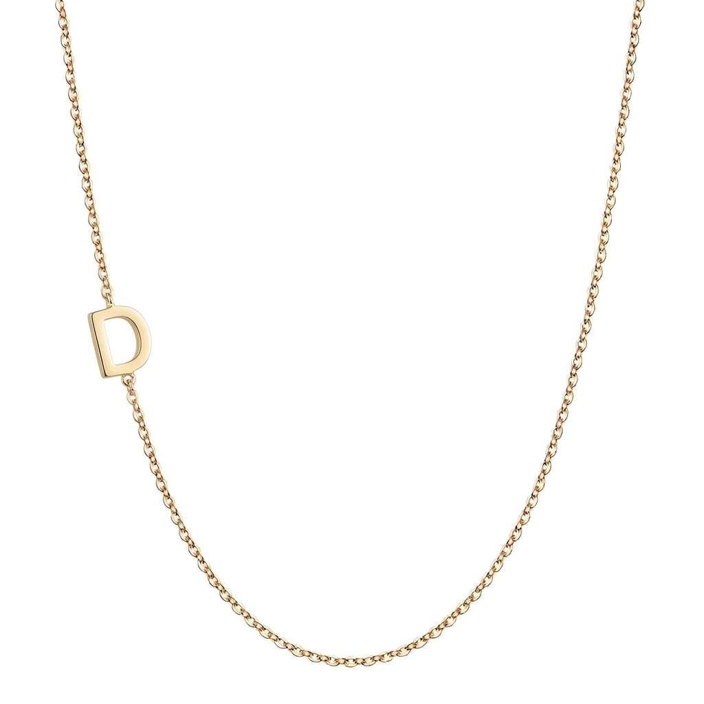14k gold sideways initial necklace with letter D pendant on white background