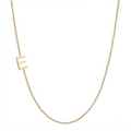 14k gold sideways initial necklace with letter E pendant on white background