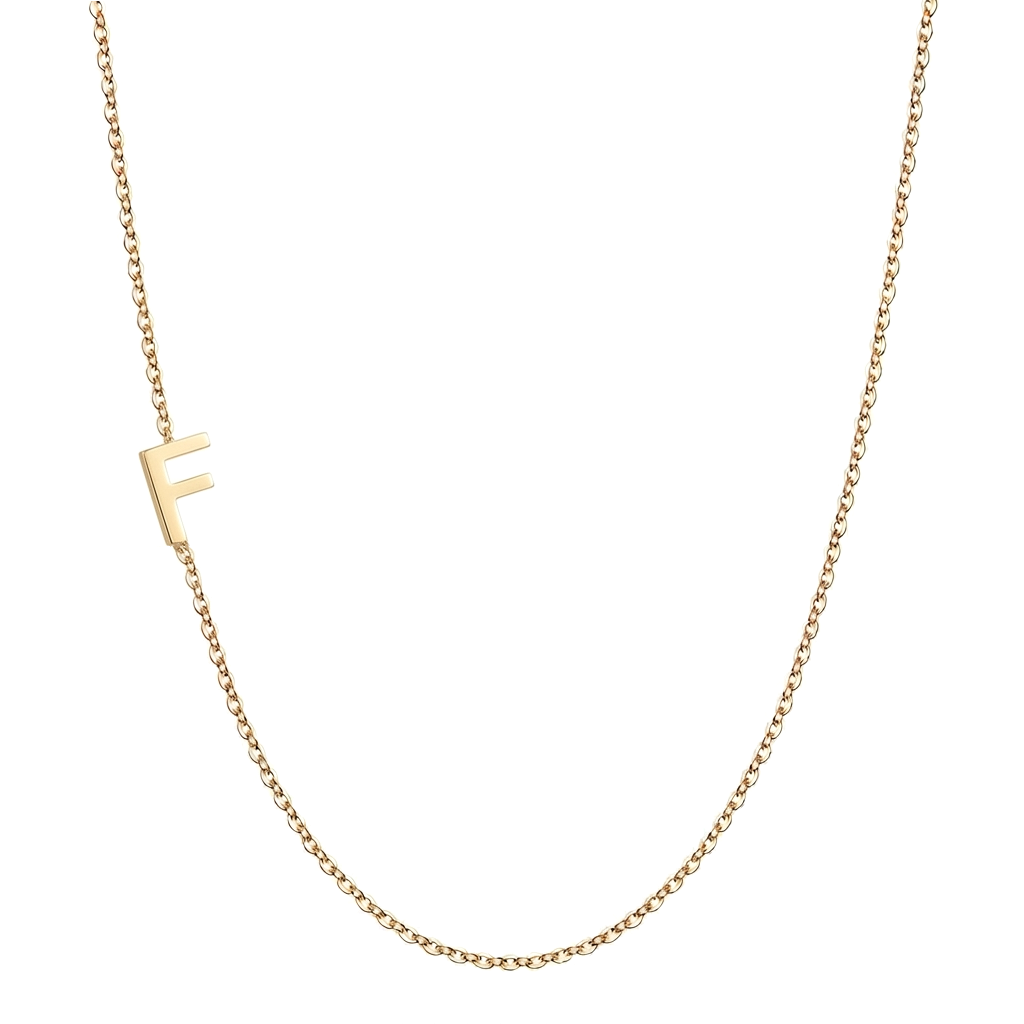 14k gold sideways initial necklace with letter F pendant on white background