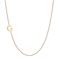 14k gold sideways initial necklace with letter G pendant on white background