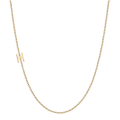14k gold sideways initial necklace with letter H pendant on white background