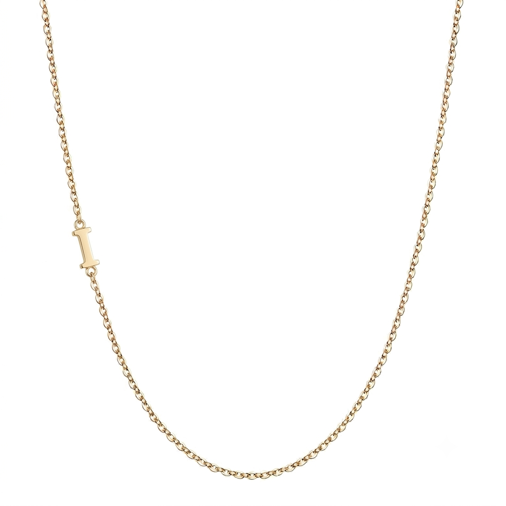 14k gold sideways initial necklace with letter I pendant on white background